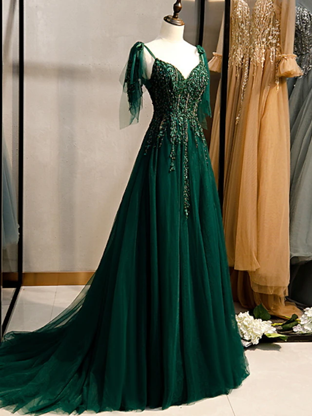 A-Line Elegant Engagement Formal Evening Dress Spaghetti Strap Sleeveless Sweep  Brush Train Polyester with Beading Embroidery